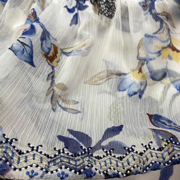 WHITE HOUSE BLACK MARKET White Blue Floral Off-Shoulder Beaded Boho Top Size XXS - Picture 11 of 16